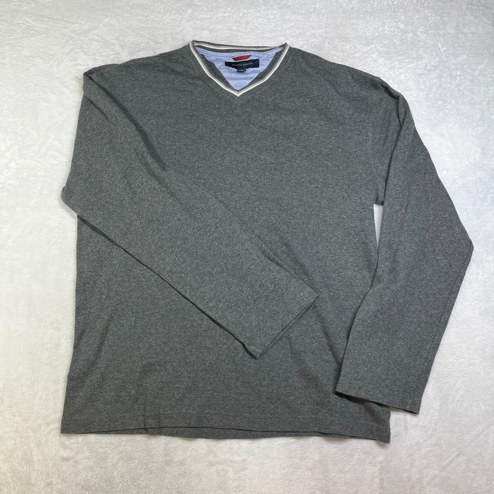 Tommy Hilfiger V-Neck Sweater Men's Gray Knit Long Sleeve Cozy Classic - XL